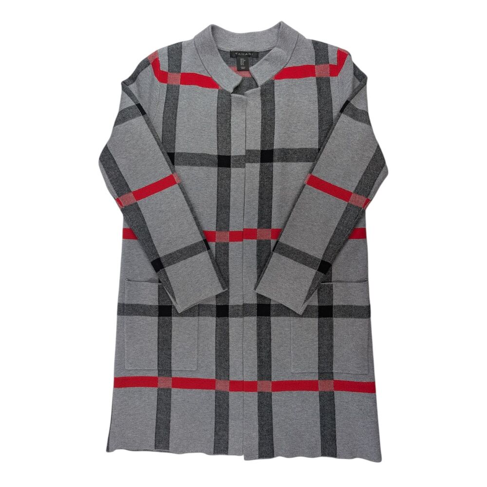 Tahari Grey Red Black Windowpane Plaid Midi Cardigan M Open Front Shacket